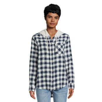 Time and Tru Women's Button Down Hooded Flannel Shirt, Sizes XS-XXXL