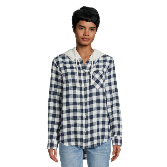 Time and Tru Women's Button Down Hooded Flannel Shirt, Sizes XS-XXXL