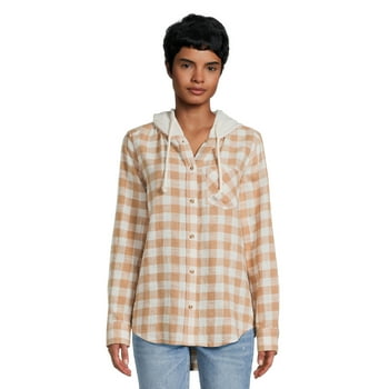 Time and Tru Women's Button Down Hooded Flannel Shirt, Sizes XS-XXXL