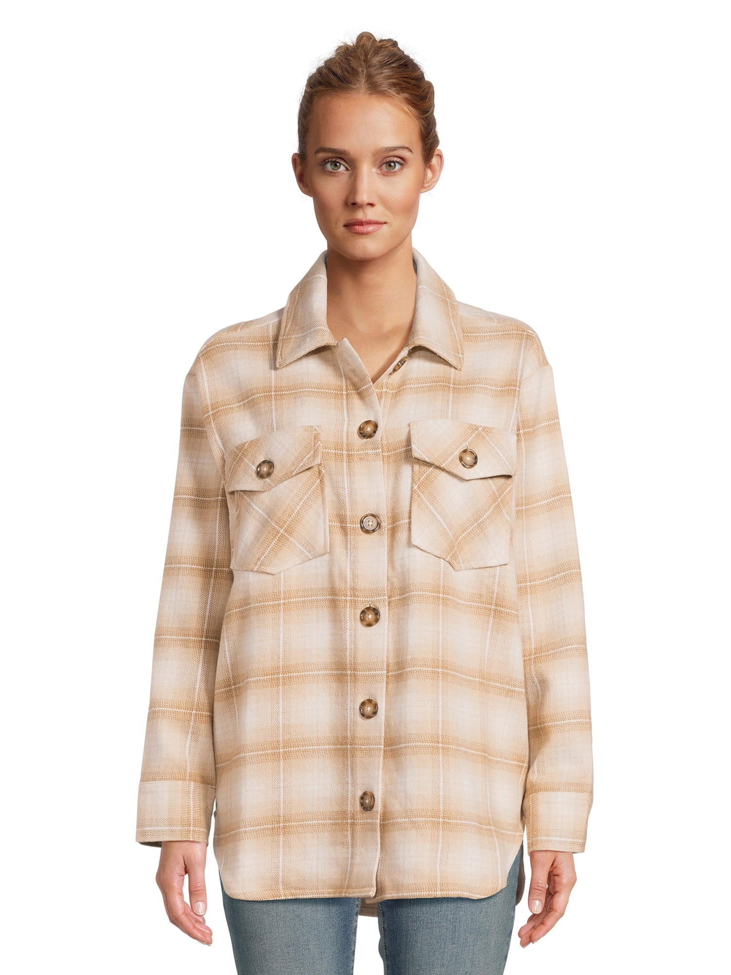 Time and Tru Women's Button Down Shacket wit Flap Pockets, Sizes XS