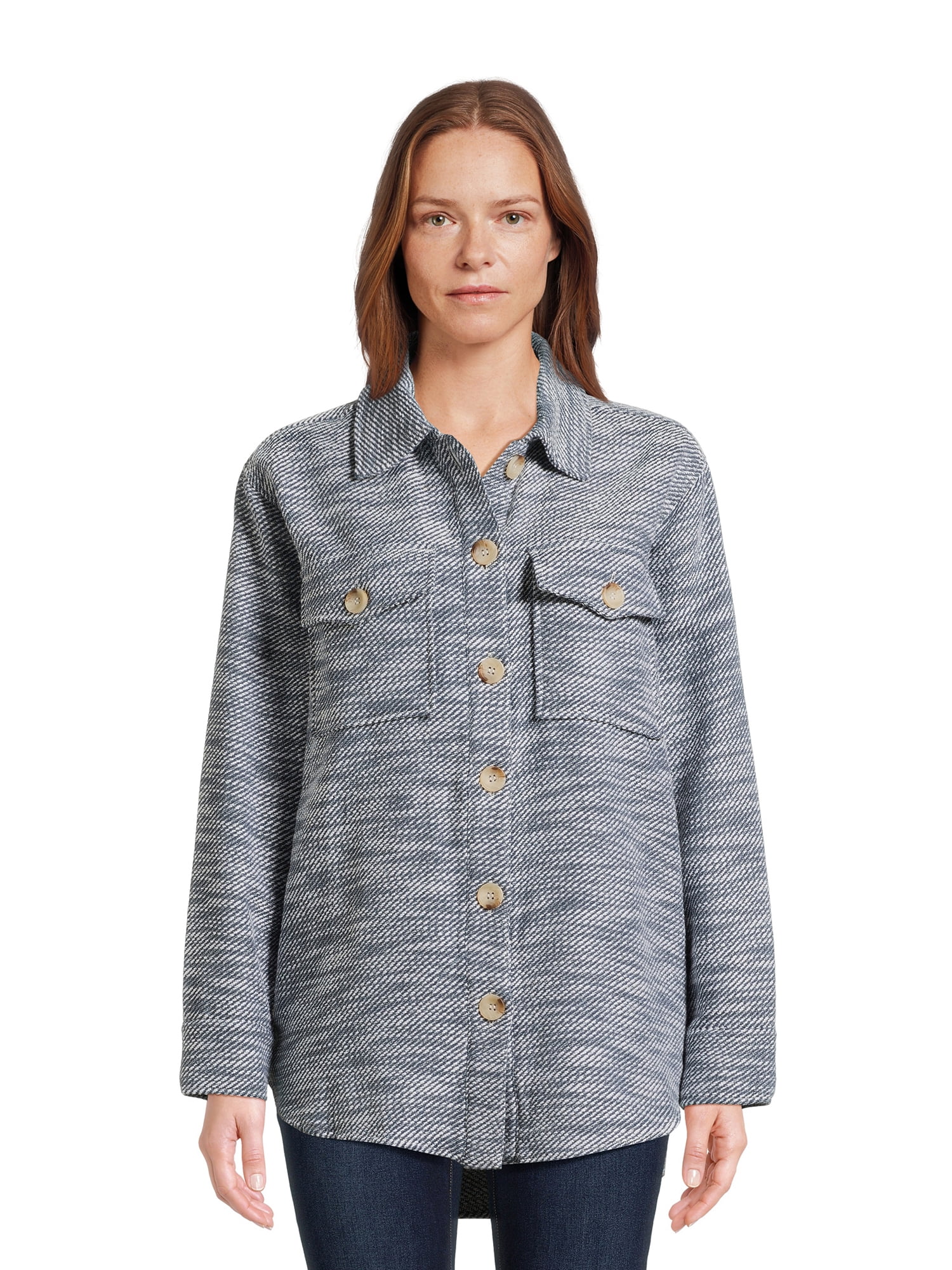 Time and Tru Women's Button Down Shacket wit Flap Pockets, Sizes XS