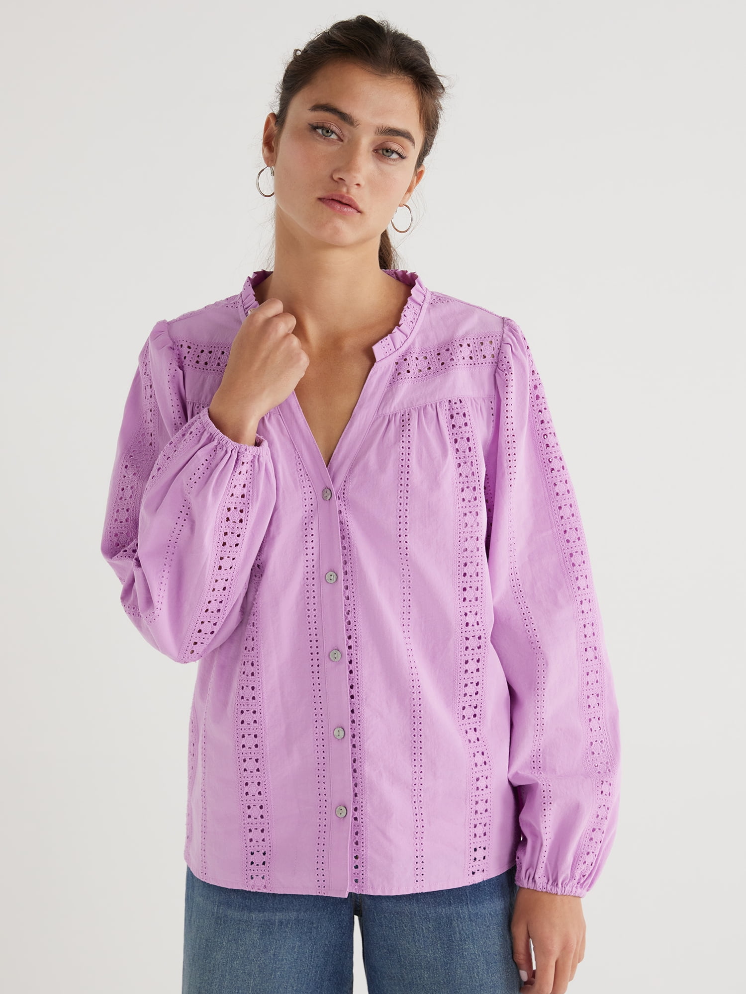 Time and Tru Women's Button Down Shirt with Crochet Trim, Sizes XSXXXL