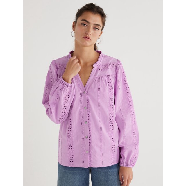 Time and Tru Women's Button Down Shirt with Crochet Trim, Sizes XSXXXL