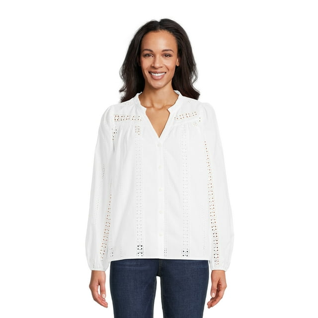 Time and Tru Women's Button Down Shirt with Crochet Trim, Sizes XSXXXL