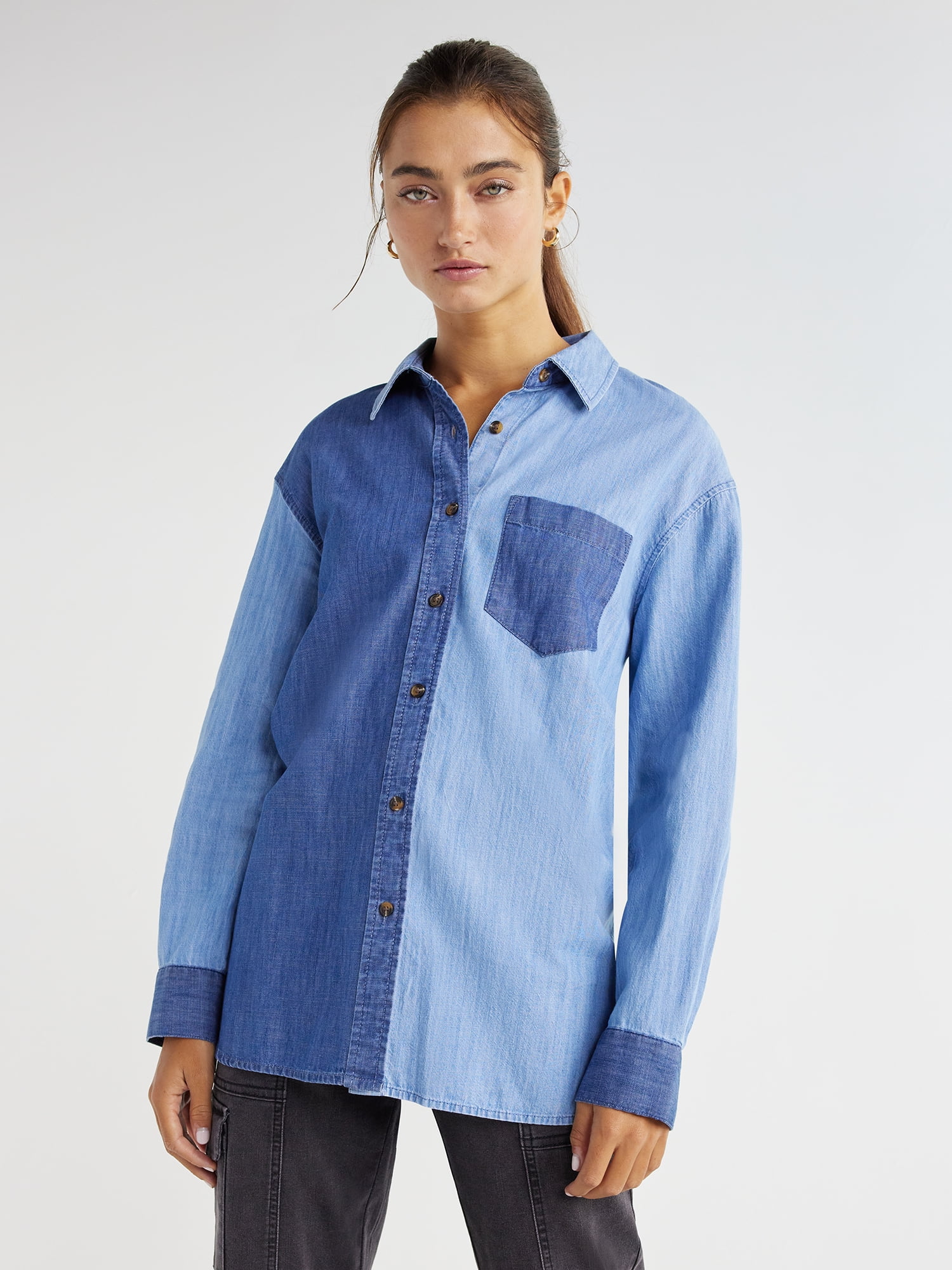 Time and Tru Women's Button Down Shirt with Long Sleeves, Sizes XSXXXL