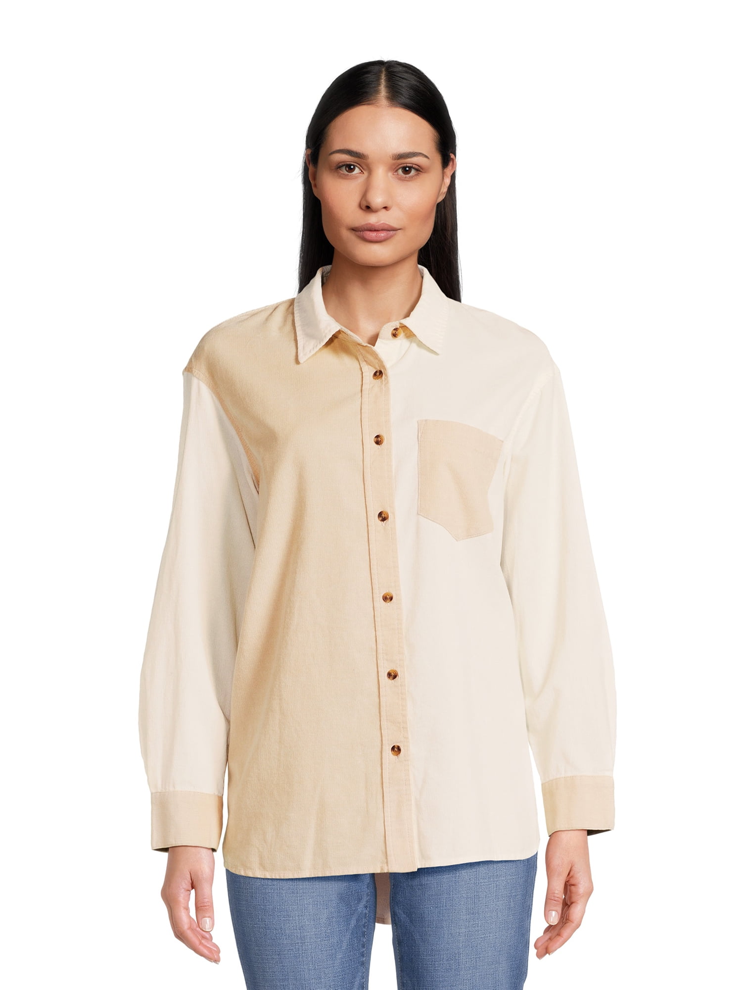 Time and Tru Women's Button Down Shirt with Long Sleeves, Sizes XSXXXL