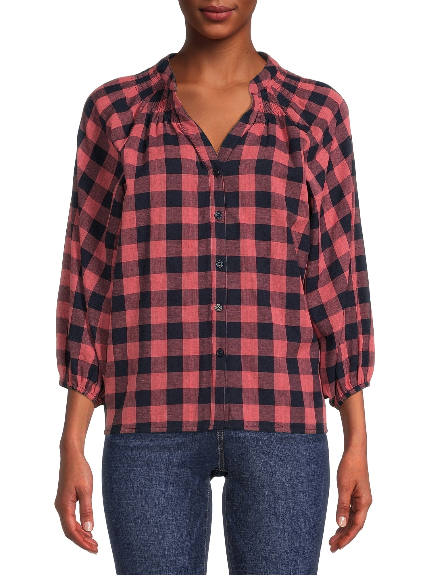 Time and Tru Women's Button Down Top with Puff Sleeves