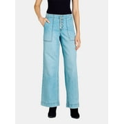 Time and Tru Women's High Rise Button Fly Wide Leg Jeans, 30", 32", 34" Inseams, Sizes 2-20