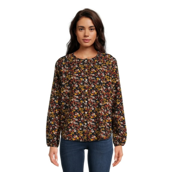 Time and Tru Women's Button Front Blouse with Long Sleeves, Sizes XS-XXXL