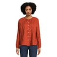Time and Tru Women's Button Front Blouse with Long Sleeves, Sizes XS