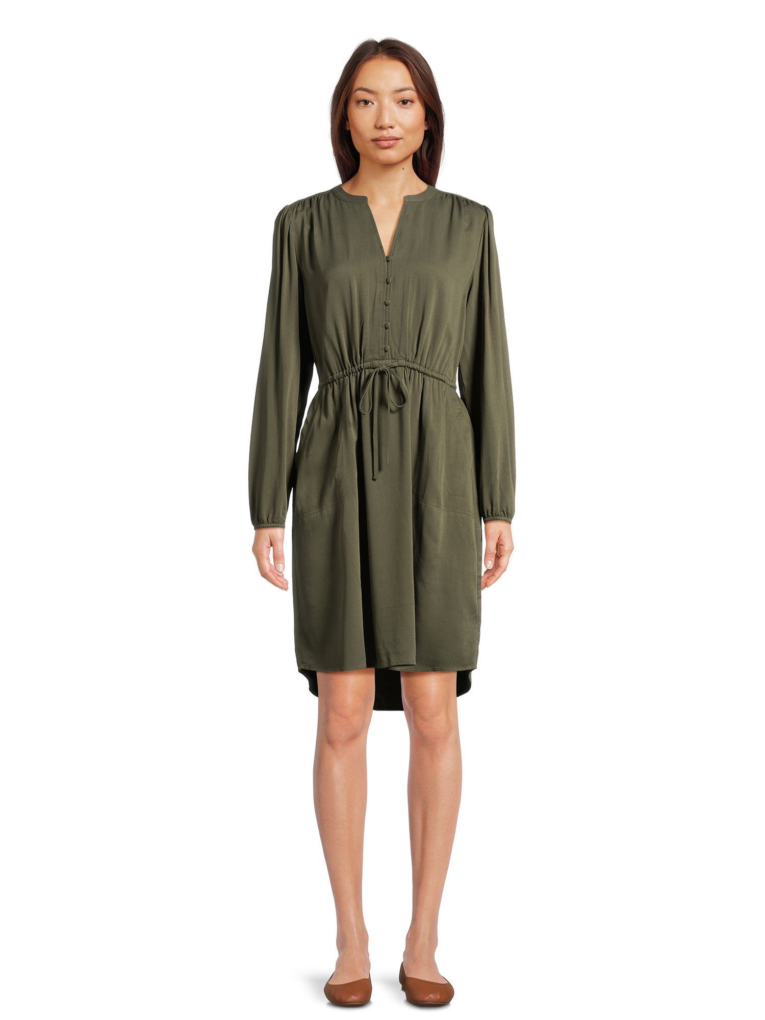 Time and Tru Women's Button Front Drawstring Waist Dress with Long Sleeves, Sizes XS-3XL - image 1 of 5