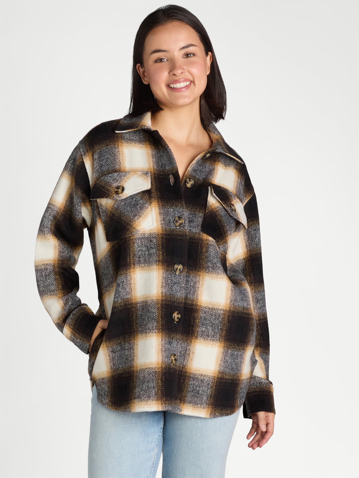 Time and Tru Women's Button Front Shacket, Sizes S-XXXL