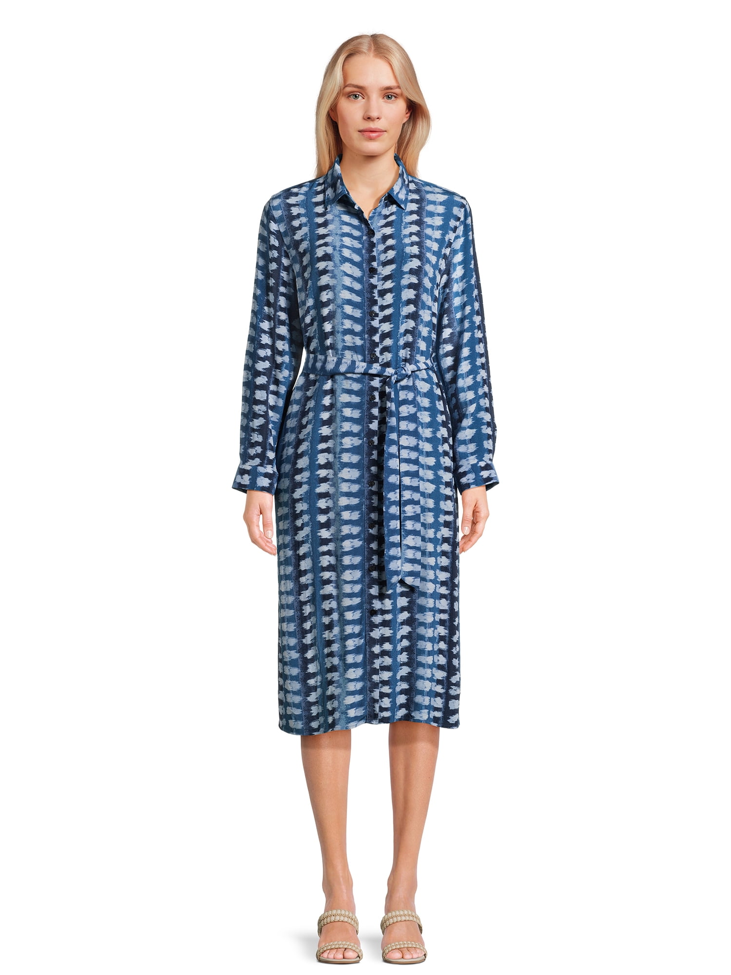 Time and Tru Women’s Button Front Shirt Dress with Long Sleeves, Sizes ...