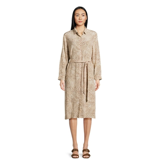 Time and Tru Women’s Button Front Shirt Dress with Long Sleeves, Sizes