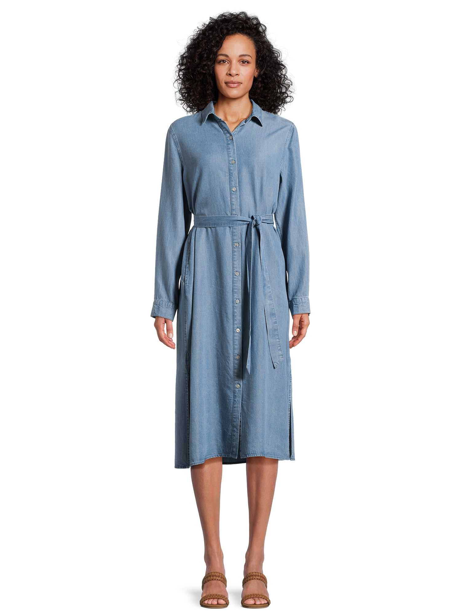 Time and Tru Women’s Button Front Shirt Dress with Long Sleeves, Sizes ...