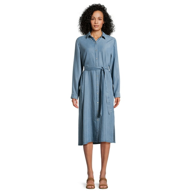 Time and Tru Women’s Button Front Shirt Dress with Long Sleeves, Sizes