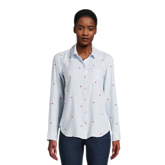 Time and Tru Women's Button Front Soft Shirt with Long Sleeves, Sizes XS-XXXL