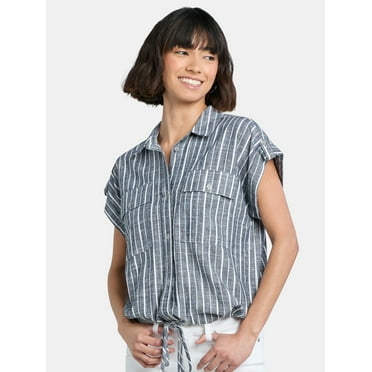 Time and Tru Women's Button Front Utility Shirt with Drawstring Hem, XS-XXXL