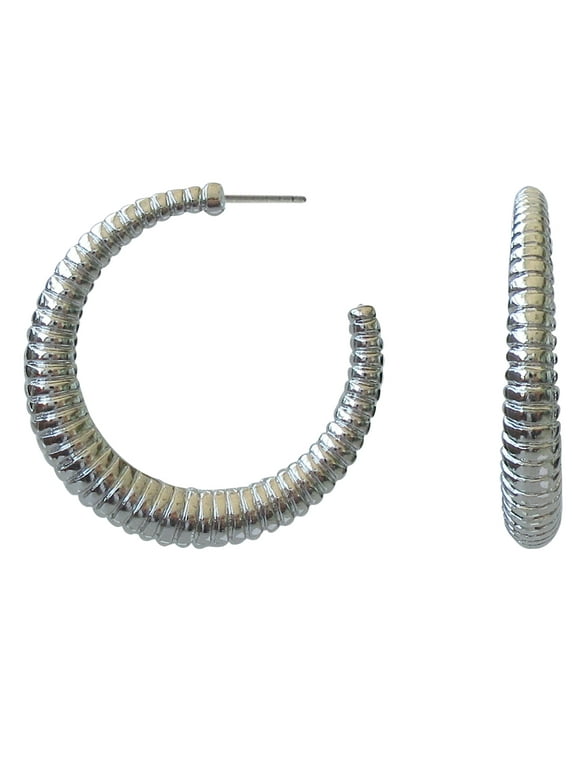 Women's Silver Plated C-Textured Hoop Earrings, 1 Pair