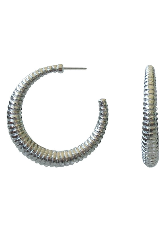 Women's Silver Plated C-Textured Hoop Earrings, 1 Pair