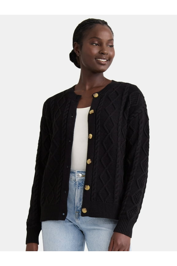 Women's Cable Knit Cardigan Sweater, Midweight, Sizes XS-XXXL