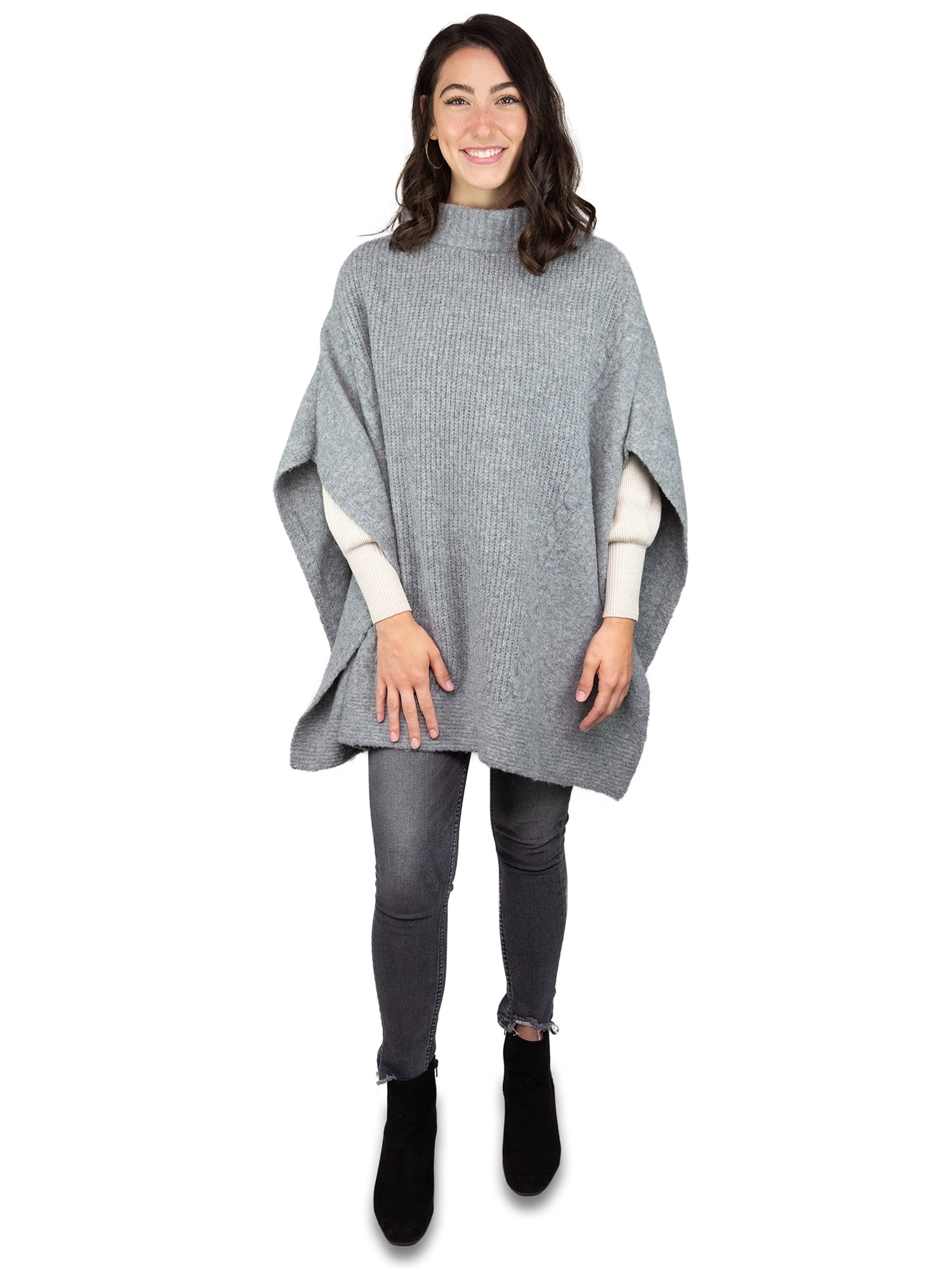 Time and Tru Women's Cable Knit Poncho Layering Piece, L-XL, Grey Color