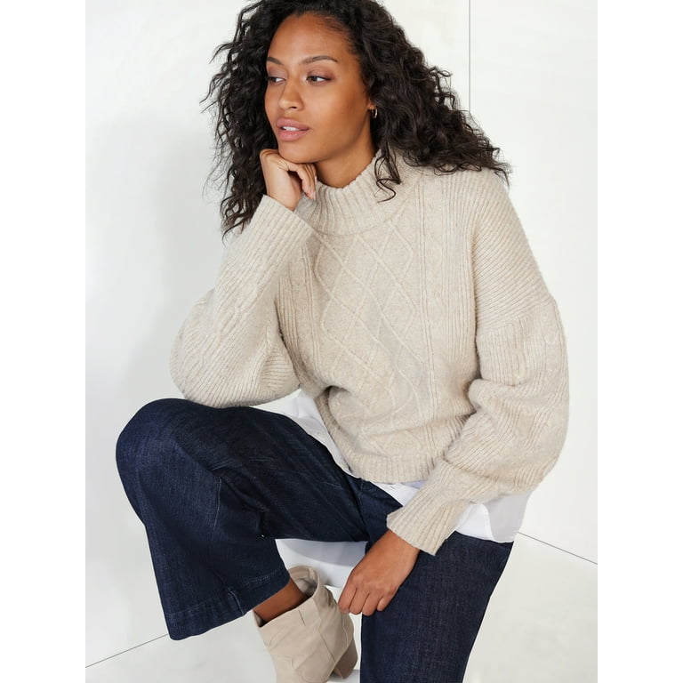 Time and Tru Women's Cable Knit Poplin Layer-Look Sweater, Sizes XS-XXXL 