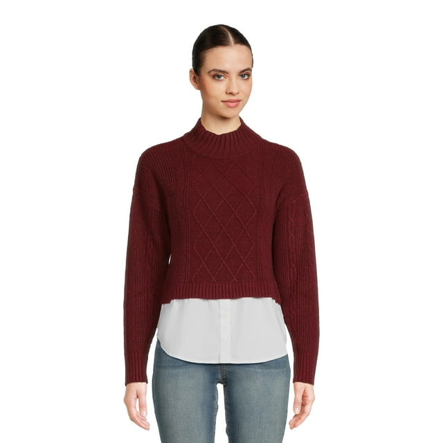 Time and Tru Women's Cable Knit Poplin Layer-Look Sweater, Sizes XS ...