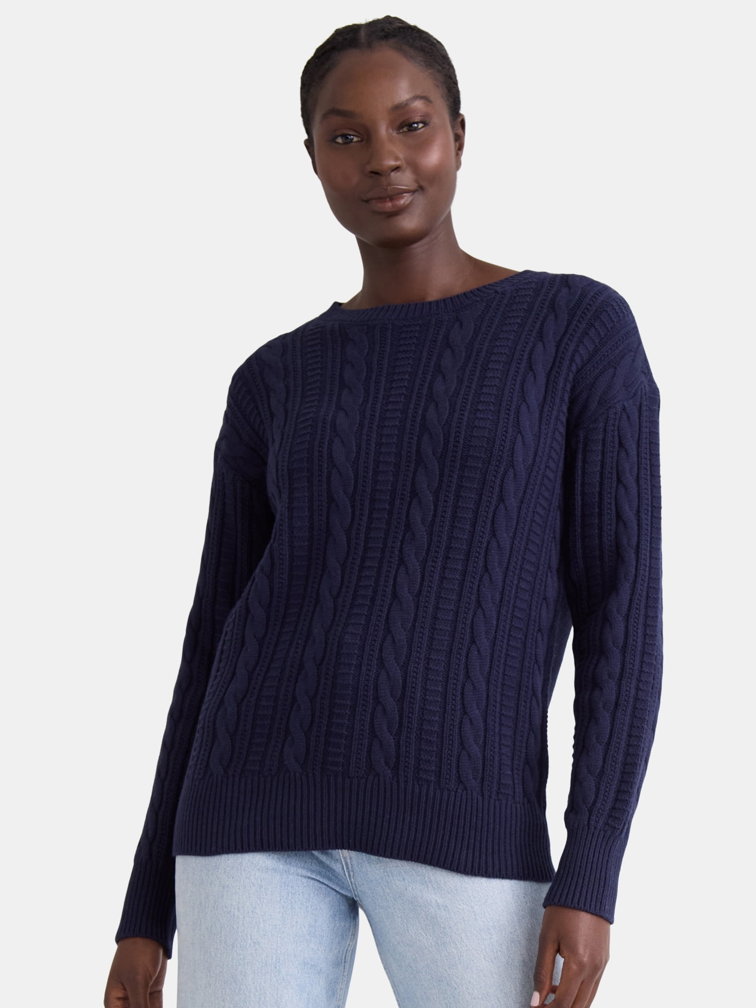 Time and Tru Women's Cable Knit Pullover Sweater, Midweight, Sizes XS-XXXL