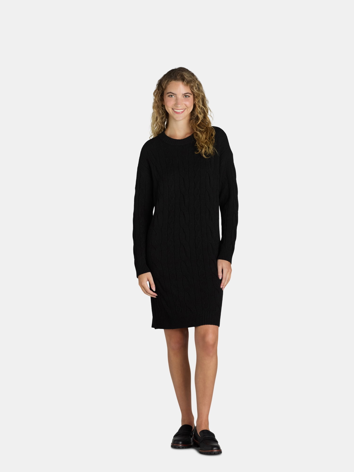 Time and Tru Women's and Women's Plus Cable Sweater Dress with Long