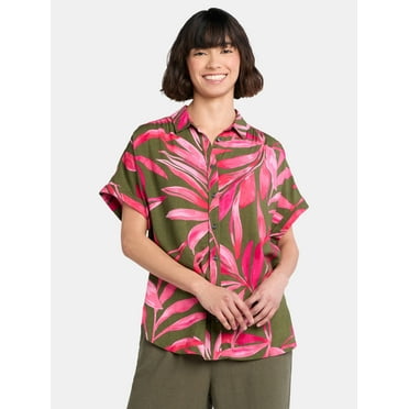 Time and Tru Women's Camp Shirt with Short Sleeves, Sizes XS-XXXL