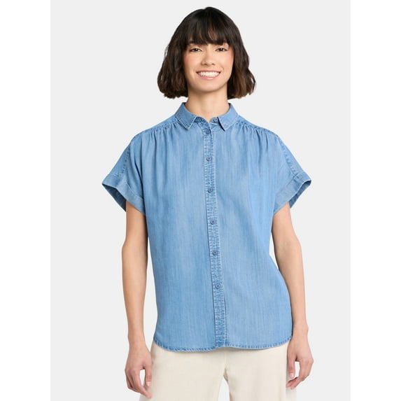 Time and Tru Women's Camp Shirt with Short Sleeves, Sizes XS-XXXL
