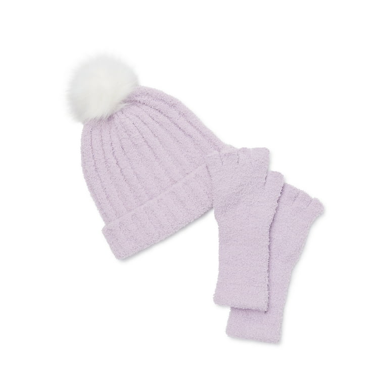 Time and Tru Women's Chenille Beanie Hat and Fingerless Gloves Set,  2-Piece, Lavender