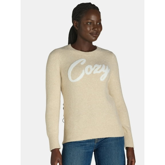 Time and Tru Women’s Conversational Crewneck Sweater, Lightweight, Size XS-XXXL