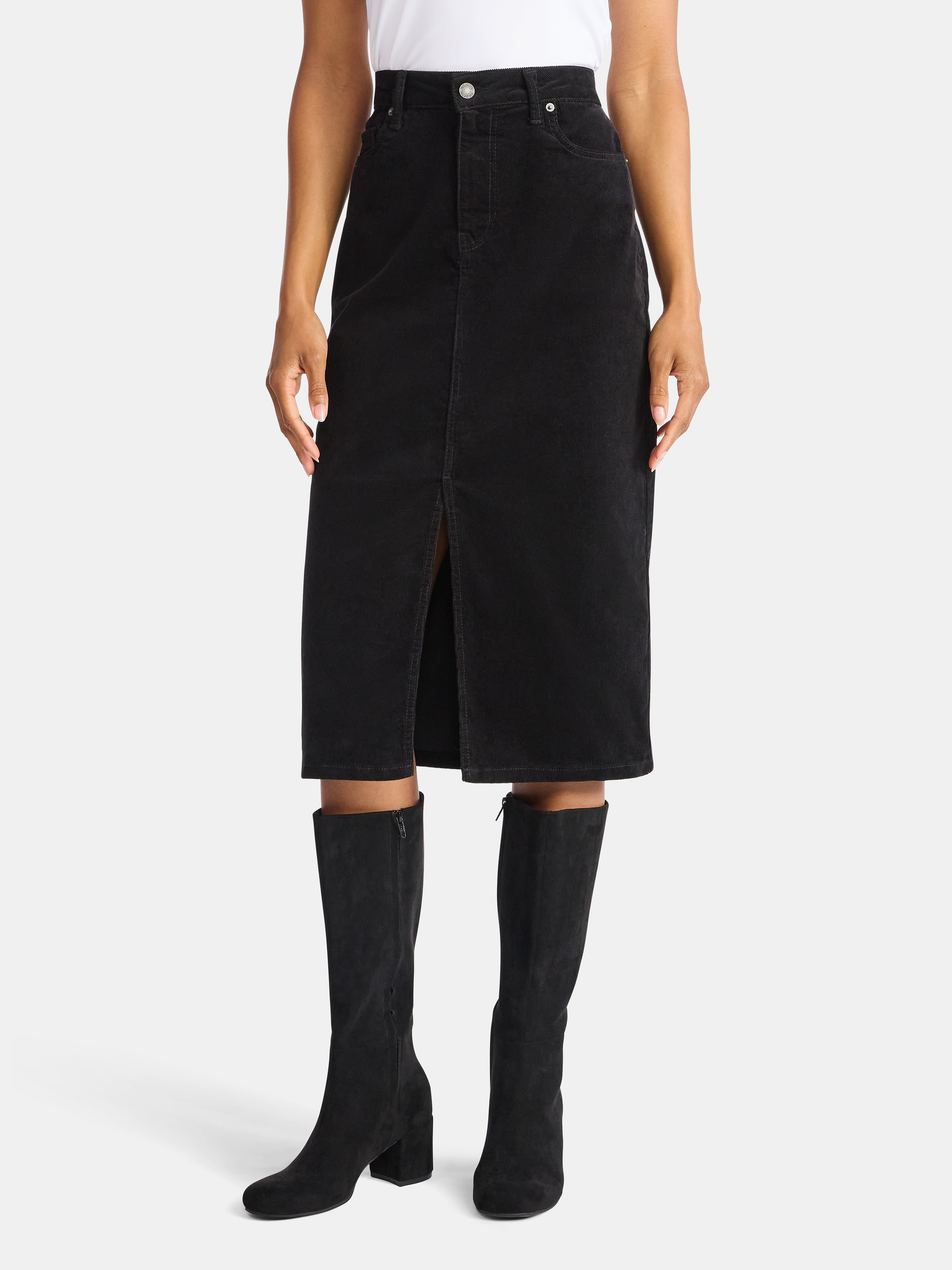 Time and Tru Women's Corduroy Midi Skirt with Front Slit, Sizes 0-20