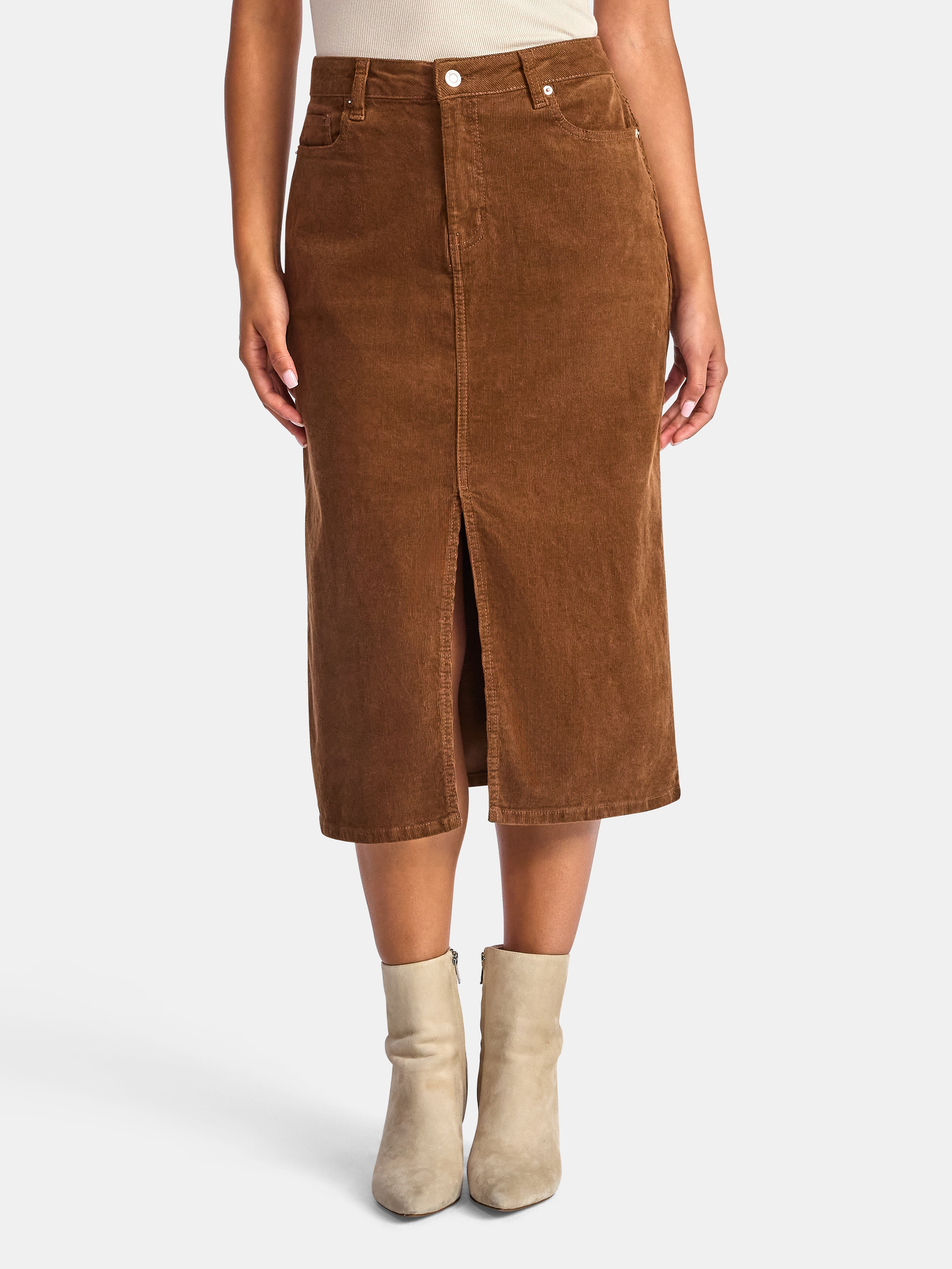 Time and Tru Women's Corduroy Midi Skirt with Front Slit, Sizes 0-20
