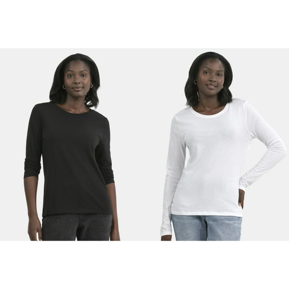 Time and Tru Women's Cotton Crewneck Tee with Long Sleeves, 2-Pack, Sizes XS-XXXL