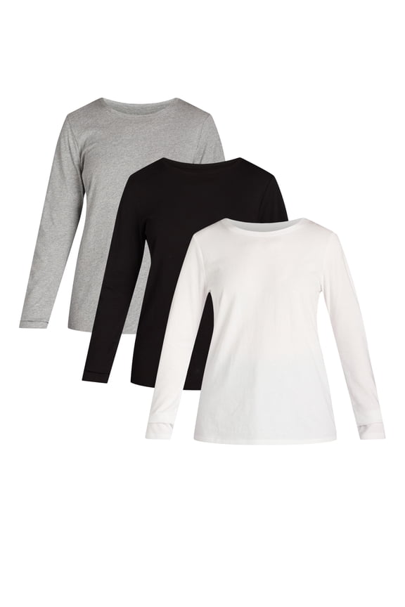 Women's Cotton Crewneck Tee with Long Sleeves, Single and 3 Pack, Sizes XS-XXXL