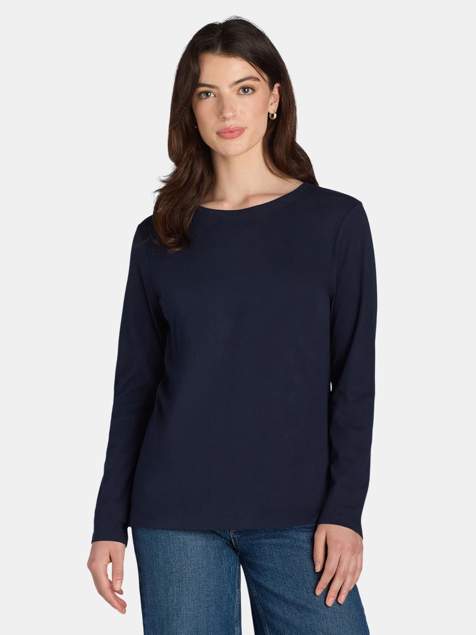 Time and Tru Women's Cotton Crewneck Tee with Long Sleeves, Single and 3 Pack, Sizes XS-XXXL