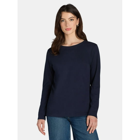Time and Tru Women's Cotton Crewneck Tee with Long Sleeves, Single and 3 Pack, Sizes XS-XXXL
