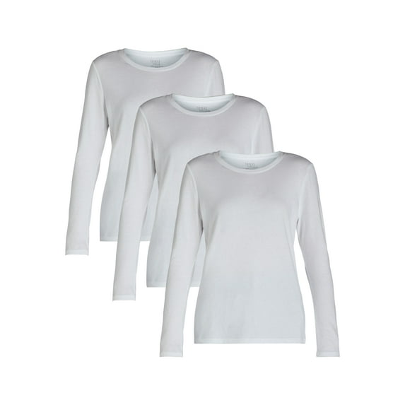 Time and Tru Women's Cotton Crewneck Tee with Long Sleeves, Single and 3 Pack, Sizes XS-XXXL