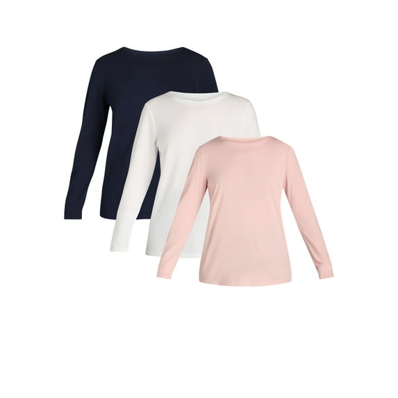 Time and Tru Women's Cotton Crewneck Tee with Long Sleeves, Single and 3 Pack, Sizes XS-XXXL