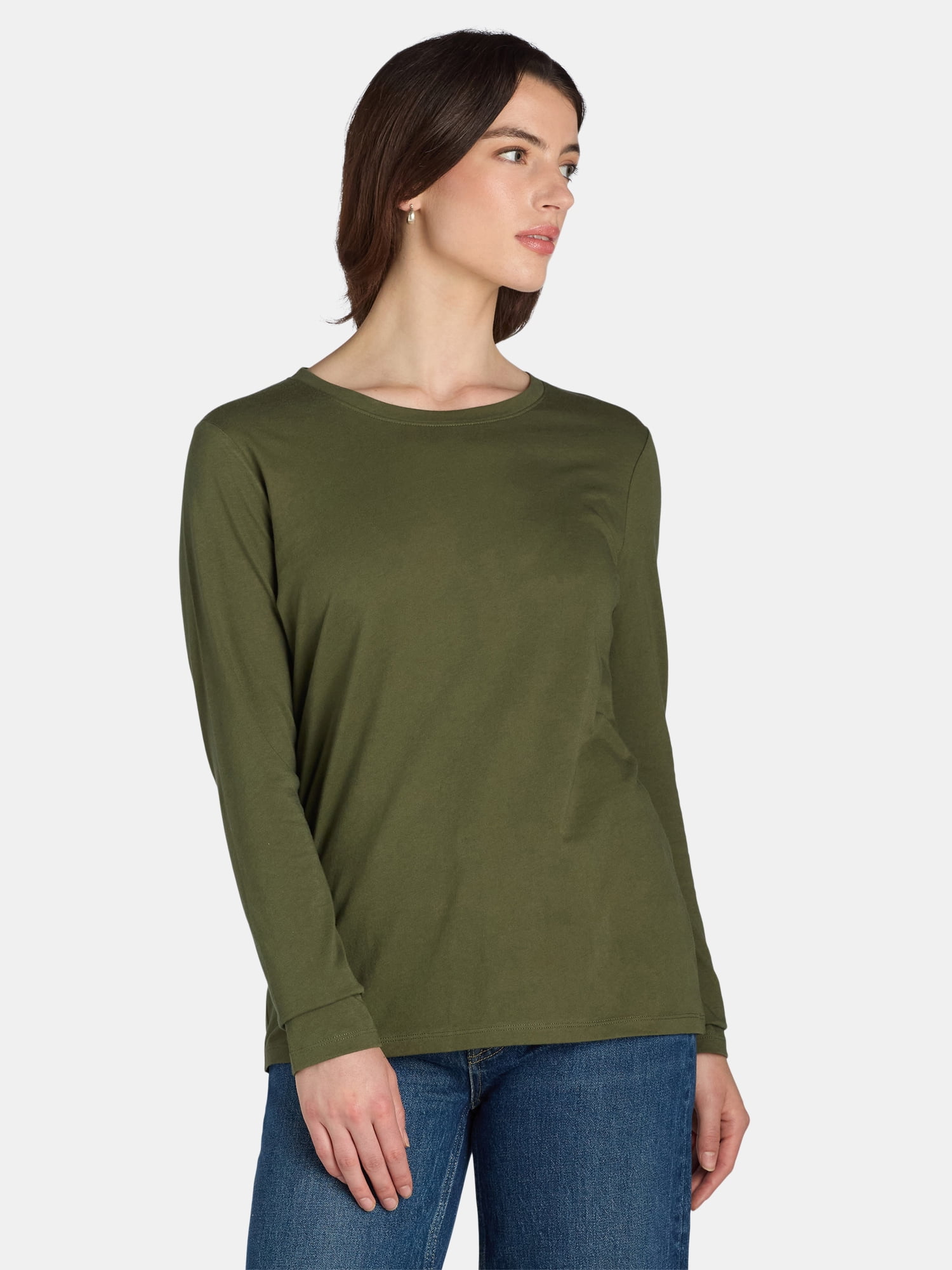 Time and Tru Women's Cotton Crewneck Tee with Long Sleeves, Single and 3 Pack, Sizes XS-XXXL