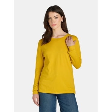 Time and Tru Women's Cotton Crewneck Tee with Long Sleeves, Single and 3 Pack, Sizes XS-XXXL