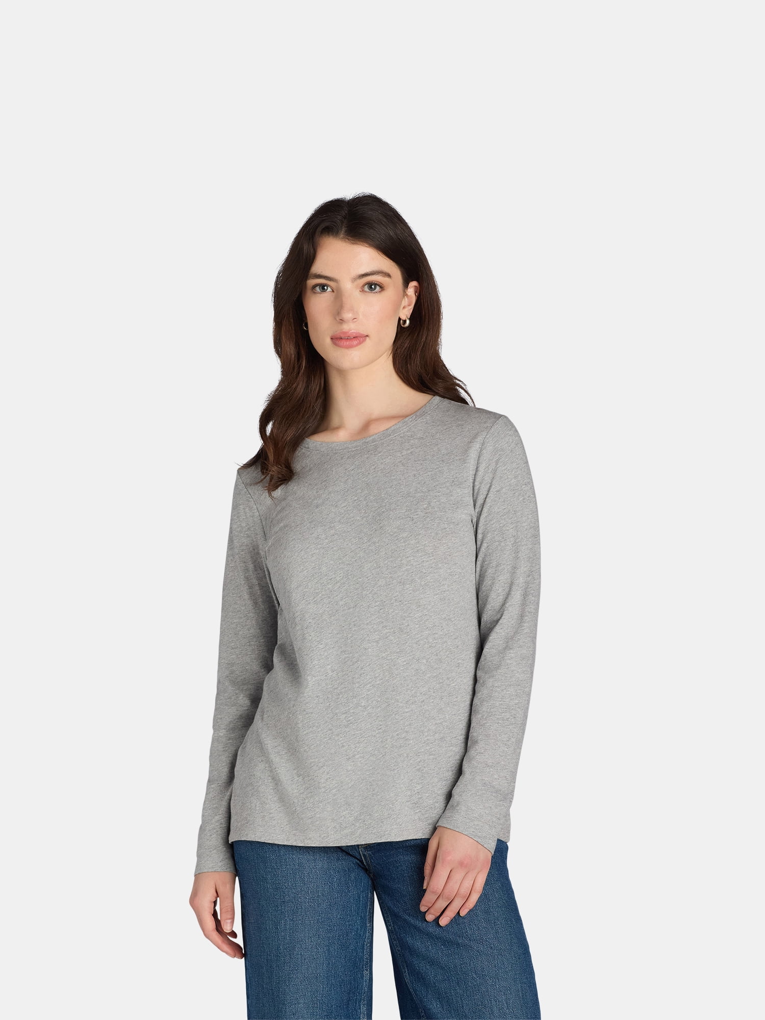 Time and Tru Women's Cotton Crewneck Tee with Long Sleeves, Single and 3 Pack, Sizes XS-XXXL