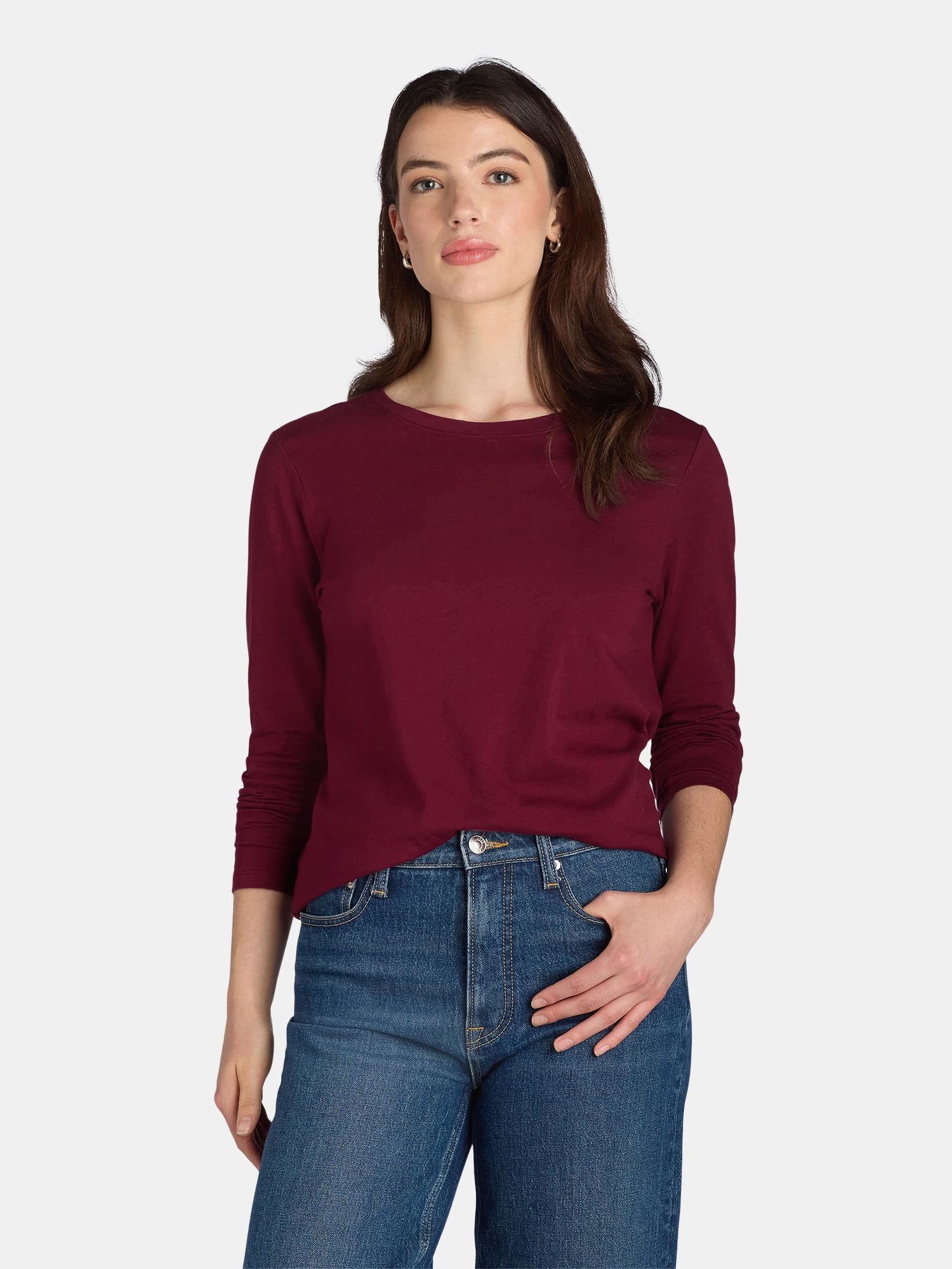 Time and Tru Women's Cotton Crewneck Tee with Long Sleeves, Single and 3 Pack, Sizes XS-XXXL
