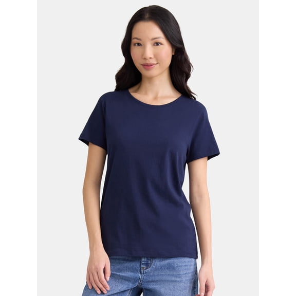 Time and Tru Women's Cotton Crewneck Tee with Short Sleeves, Size XS-XXXL