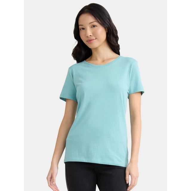 Time and Tru Women's Cotton Crewneck Tee with Short Sleeves, Size XS-XXXL