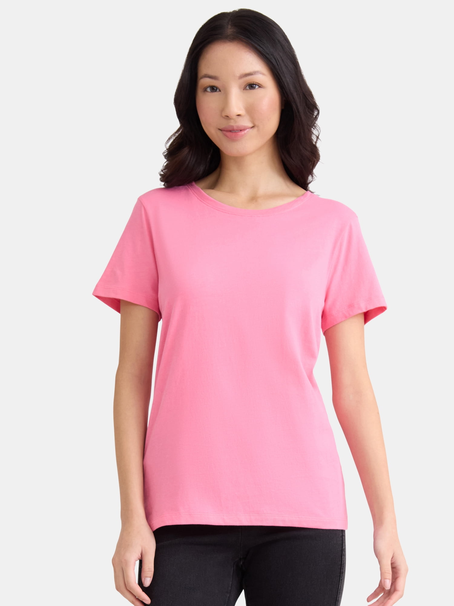 Time and Tru Women's Cotton Crewneck Tee with Short Sleeves, Sizes XS-XXXL