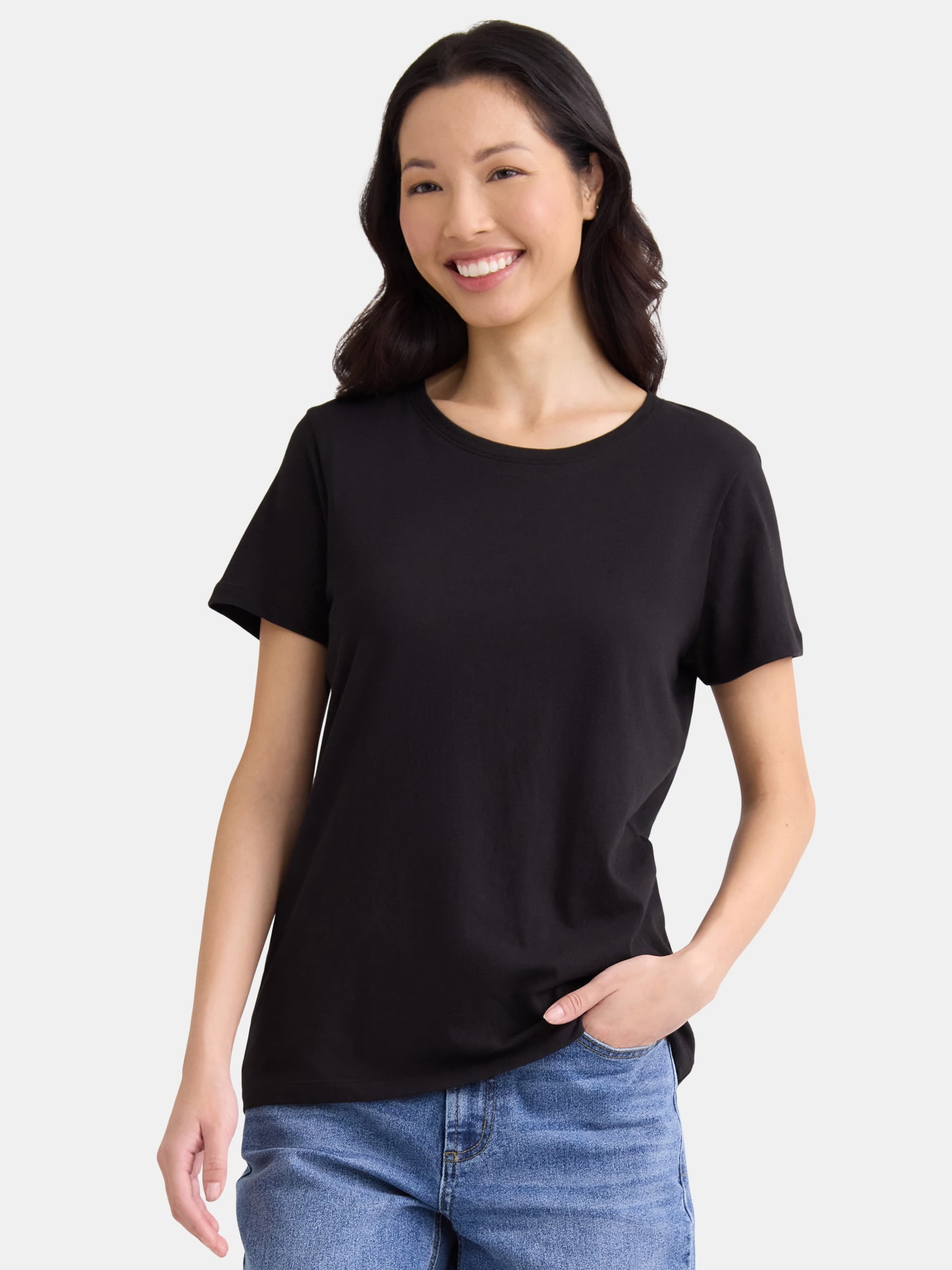 Time and Tru Women's Cotton Crewneck Tee with Short Sleeves, Size XS-XXXL